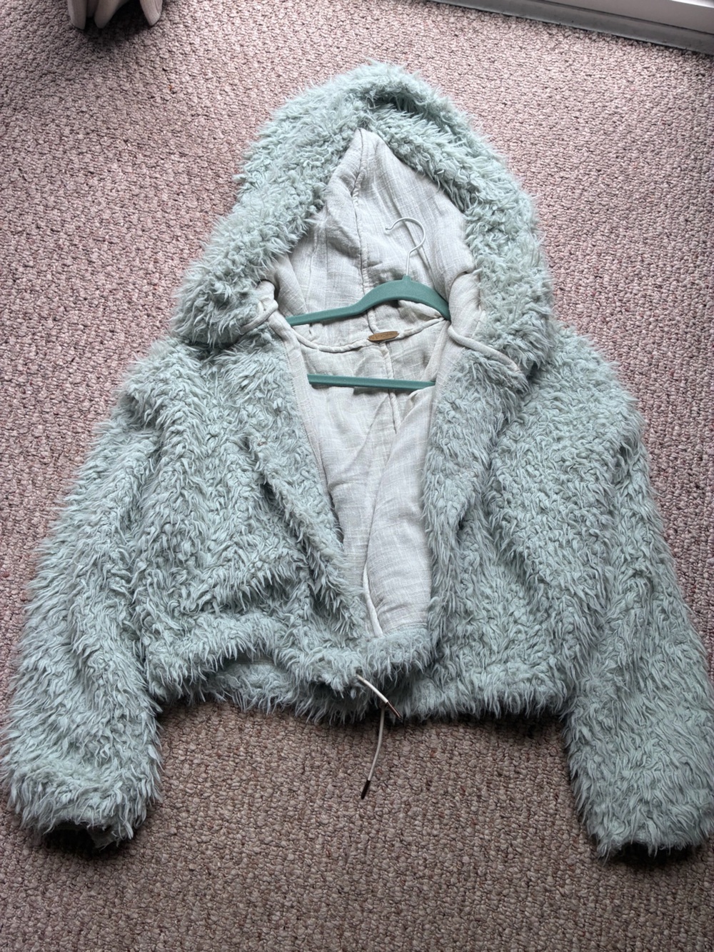 Free People Plush Hooded Teddy Jacket in Sage Green